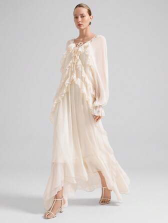 Ontre 2025 Novo Vestido de Chiffon com Bainha Alta-Baixa em Estilo Boêmio, Acabamento Franzido, Fluido e Elegante, Adequado para Traje de Professora, Vestido Casual de Outono para Mulheres, Estilo Estocolmo