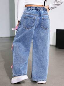 SHEIN Young Girl Y2K Cute Pink Bow Decor Loose Blue Denim Wide Leg Pants, Girl Fall And Winter Denim Jeans,Cool/Girls Thanksgiving, - Light Wash - View 4