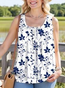 EMERY ROSE Holiday Style Blue & White Floral Print Plus Size Loose Pleated Wide Strap Tank Top, Suitable For Spring/Summer Suitable For Going Out