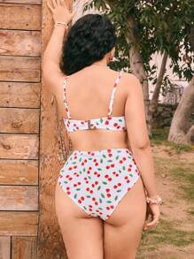 Swim Mod Plus Size Women 2pcs/Set Random Floral Print Steel Hooped Bikini Swimsuit, Sweet & Cute For Beach Holiday