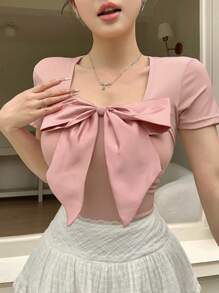 DAZY Áo thun ngắn tay ôm dáng cổ vuông, đính nơ, gợi cảm dành cho nữ, thích hợp cho mùa hè, ngày Valentine. - Hồng - Xem 7