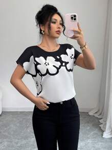 Elenzga 女士优雅通勤撞色花卉印花衬衫 - 彩色 - 查看 4