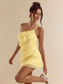SHEIN BAE Abito corto color albicocca con strati e foglia di loto, adatto per uscite giornaliere, serate, discoteche, feste, ritrovi, cocktail party, feste in piscina, vestiti per il ritorno a scuola, abiti per la stagione scolastica, abiti da vacanza, vestiti per festival musicali, festival di musica country, abbigliamento da concerto