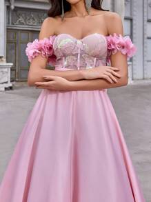 Glamrae Spring And Summer, Elegant, Romantic, Dignified, Fashionable, Lotus Pink Color, Satin, Sequin Stitching, Strapless Three-Dimensional Flower Decoration, Detachable Waist Ribbon, Bow, Back Strap, Train, Large A-Line Dress, Suitable For Birthday Parties, Wedding Guests, Vacation, Holiday Dances, Back To School Season, Graduation Season, Formal Dinner Dresses(Heavy Model), Party Dress, Gown, For Evening,Graduation,Teacher Outfits For Women,Teacher Dress - Pink - View 5