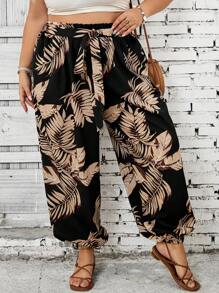 SHEIN CURVE+ Plus Size Women's Summer Tropical Print Paper Bag Waist Carrot Sports Jogger Pants, Beach Boho Vacation - Multicolor - View 3