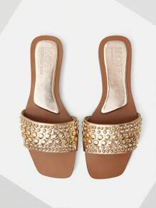 MOTF PREMIUM SQUARE TOE STUDDED FLAT SANDALS - Champagne - View 1