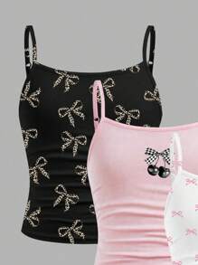 SHEIN Girlism 3pcs/Set Tween Girls' Ballet Bow, Cherry Pattern Fitted Casual Crop Camisole Tops, Black, White, Pink - Multicolor - View 5