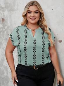 SHEIN Clasi Plus Size Olive Green Woven Fabric Blouse With Notched Neckline And Short Sleeves, Casual Style - Olive Green - View 3