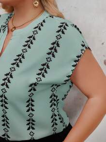 SHEIN Clasi Plus Size Olive Green Woven Fabric Blouse With Notched Neckline And Short Sleeves, Casual Style - Olive Green - View 6