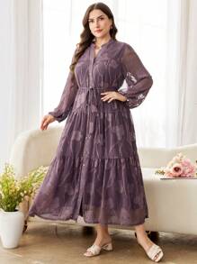 Modelyn Romantic Cut-Out Long Sleeve Loose Layered Dress, Plus Size, Spring/Summer Fall Cloth For Women - Dusty Pink - View 6