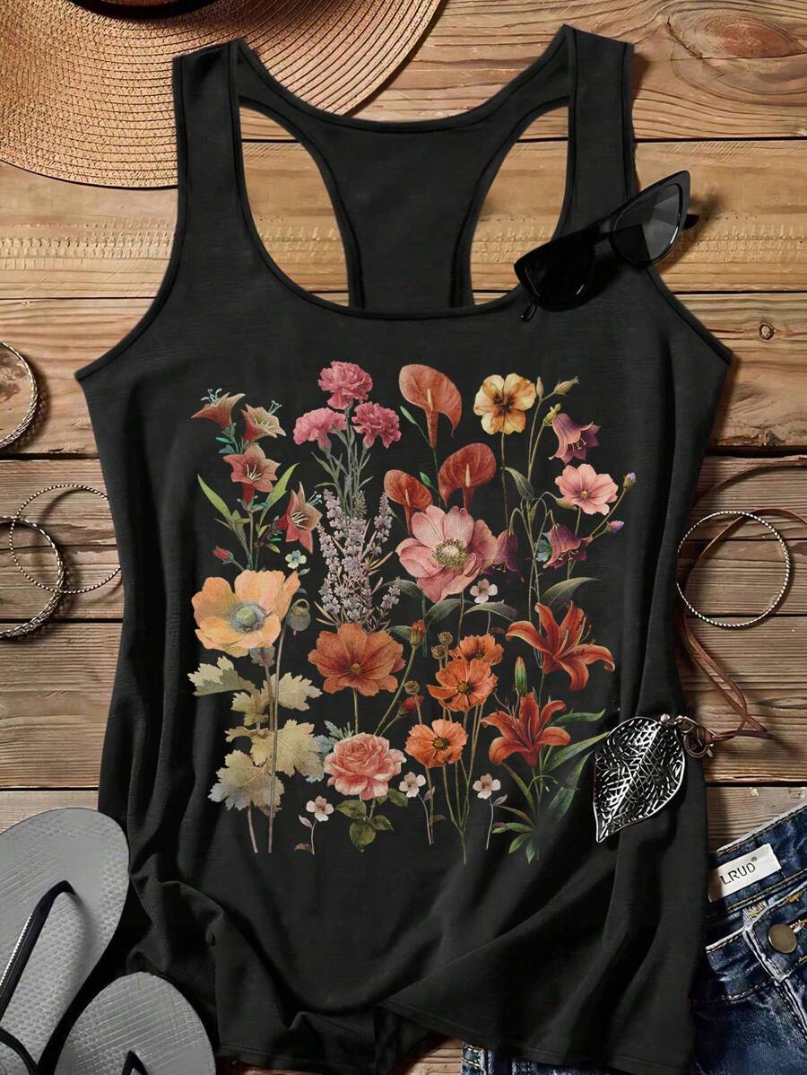 SHEIN LUNE 简约花卉花束印花女式大码休闲背心，浪漫素描花卉设计，适合夏季 - 黑色 - 查看 1