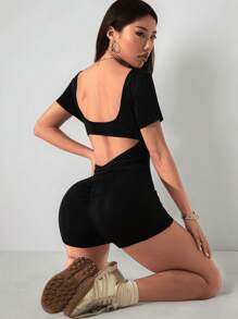 SHEIN PETITE 女士纯色露背无袖连身裤 - 黑色 - 查看 3