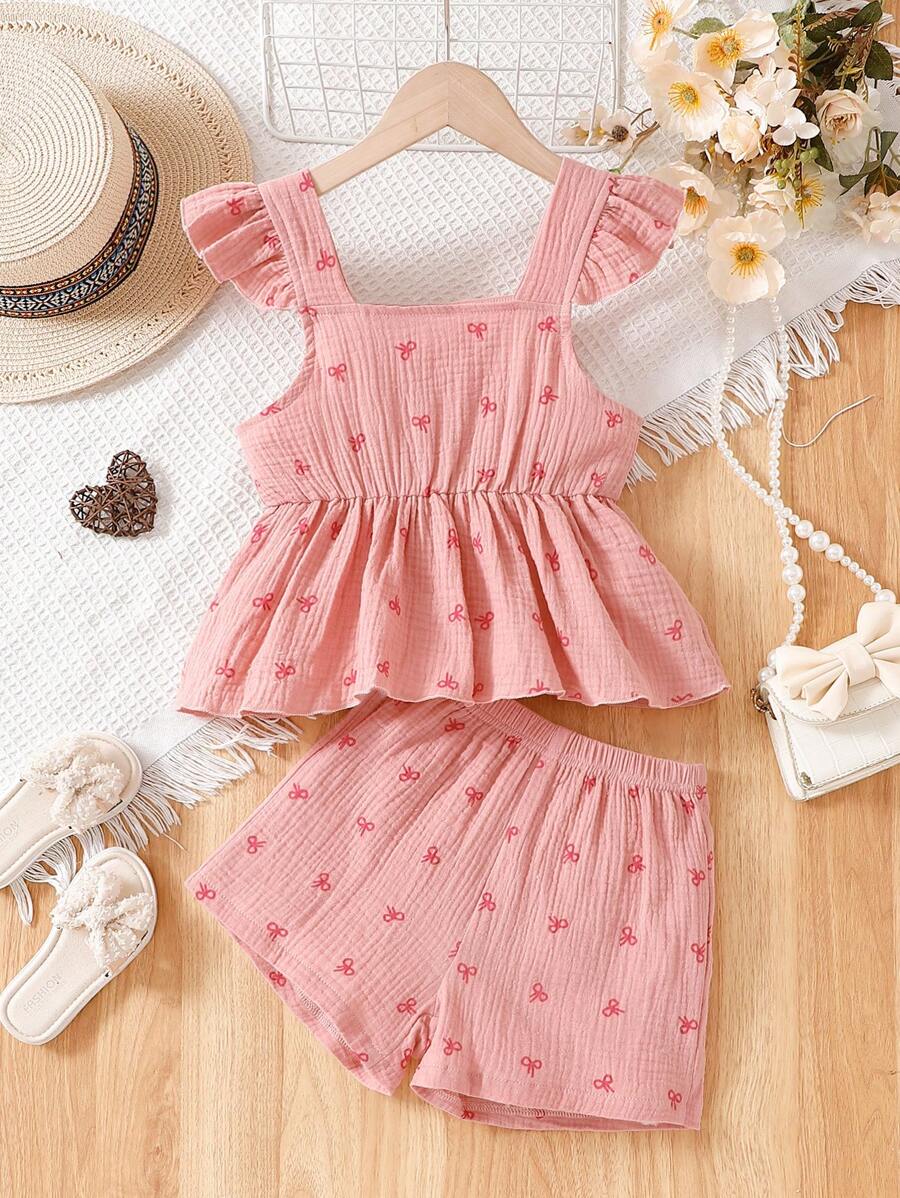 SHEIN Vintaside Kids Set de 2 piezas top con tirantes y manga corta junto con shorts para niñas pequeñas - Rosa vieja - Ver 1