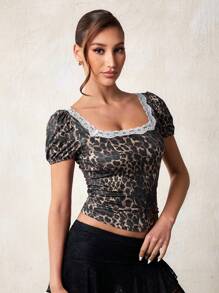 Glamine Damen T-Shirt mit Leoparden Muster, Rüschenabschluss am Kragen und Kurzarm - Verschiedenfarbig - Übersicht 7