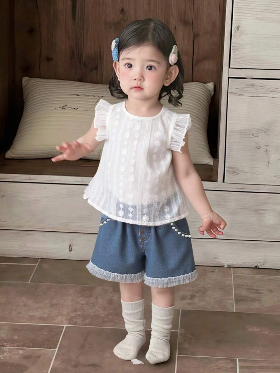 2pcs Girls Summer Stylish Cute Set, Floral Lace Sleeveless Top With Denim Shorts Decorated With Pearls, Korean Version - White - View 1
