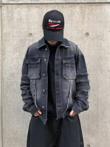 Manfinity EMRG 男士休闲水洗渐变磨边牛仔夹克 - 深色水洗藍 - 查看 3