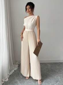 Elenzga Mono elegante de mujer con hombro asimétrico y drapeado - Albaricoque - Ver 6