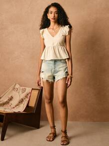 Poéselle Women Solid Color Embroidery Cap Sleeve Woven Casual Blouse - Apricot - View 1