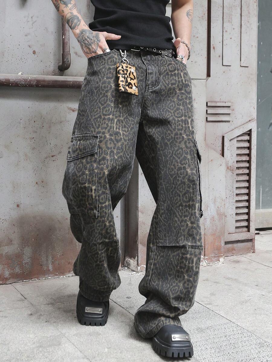 Manfinity EMRG Men's Casual Retro Leopard Print Cargo Jeans - Multicolor - View 1