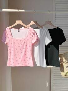 Comfortcana Camiseta ajustada casual de manga corta con cuello cuadrado para mujer, multicolor - Multicolor - Ver 4