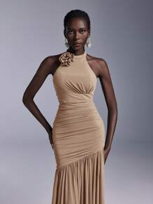 SHEIN Belle Elegant High Neck Floral Bodice Ruched Mesh Sheer Fishtail Bridesmaid Dress - Khaki - View 3