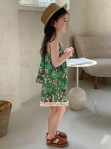 DAZY 2pcs Young Girl Girls Chiffon Sleeveless Ditsy Floral Top And Shorts Set, Summer - Green - View 3