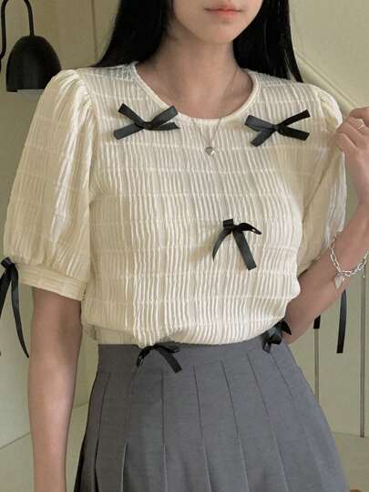 DAZY Áo thun nữ cổ tròn họa tiết nơ dễ thương mùa hè rộng rãi thoải mái