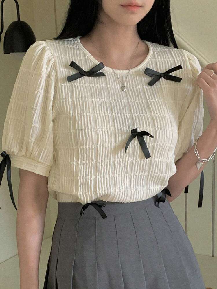 Women's Summer Textured Round Neck Bow Decor Loose Cute Girl Casual T-Shirt