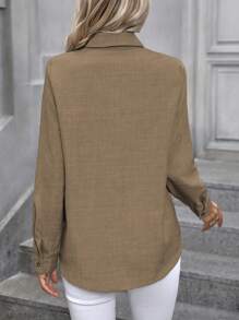 EMERY ROSE Women's Solid Color Front Button Casual Long Sleeve Shirt, Spring/Summer Fall Cloth For Women - Khaki - View 2