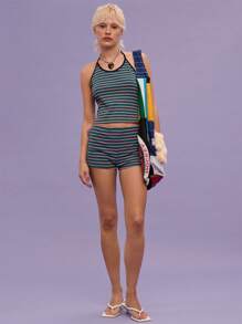 COUREZ Y2K Rib Stripe Halter Neck Top /Tops Summer Tops Going Out Tops /Street Casual/Leisure Music Festival Vintage - Dark Green - View 6
