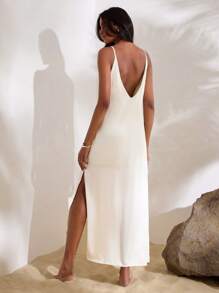 Opulessa 1pc Women's Solid Color Woven Backless Cami Maxi Dress Vacation Casual Spring - Apricot - View 4