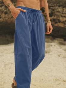 Manfinity VCAY Calça Casual Reta com Cintura Elástica Trançada Masculina, Adequada para o Verão - Azul - Visão 4