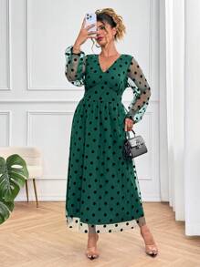 SHEIN Clasi Vestido maxi con mangas linterna, estampado de lunares y malla para mujer de talla grande