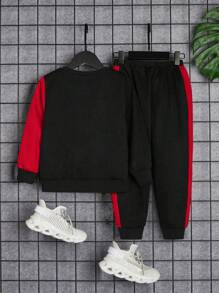 SHEIN 男小童字母圖案雙色加絨內裏衛衣和衛褲 - 彩色 - 查看 2