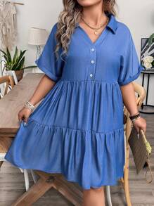 SHEIN LUNE Women's Summer Denim Effect Layered Ruffled Babydoll Dress - Blue - View 1