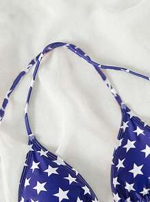 SHEIN Swim 女士性感交叉露背比基尼上衣，带有随机星星印花，夏季海滩 - 藍白色 - 查看 5