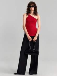 Ontre Women's Asymmetric Ribbed Elastic Camisole, Minimalistic And Fashionable, Suitable For Summer - Red - View 2