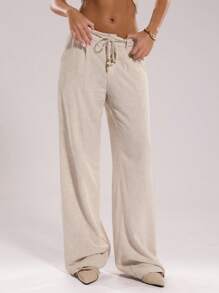 SHEIN BAE Pantalon ample à taille haute et jambe large en lin beige clair pour femme, couleur unie, décontracté, convient pour le port quotidien, les vacances, le bureau, le printemps et l'été