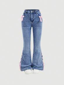 SHEIN Tween Girl Simple Fashionable Denim Jeans, Summer - Medium Wash - View 1