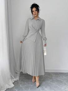 Elenzga 女士休闲纯色优雅褶皱腰中长连衣裙，秋季长款女装 - 淺灰色 - 查看 6