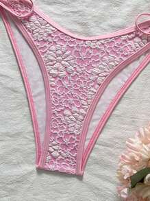 SHEIN Swim Set de 2 piezas de bikini con Top triangular y troncos con ataduras laterales, con textura de tela floral para verano