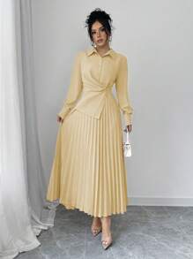 Elenzga Women Casual Solid Color Elegant Pleated Waist Midi Dress, Autumn Maxi Women Outfit