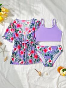 3-Piece Toddler/Little Kids Swimsuit Set, Random Floral Print With Ruffle Trim - Purple - View 1