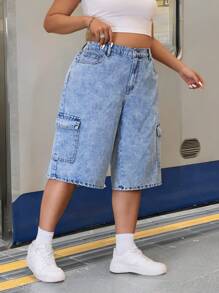 SHEIN ICON Pantalones cargo de mezclilla lavada con pierna recta y holgada, con bolsillos grandes