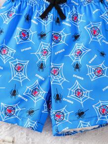 Young Boy Spider Print Drawstring Waist Loose Casual Shorts, School, Campus, College - Multicolor - View 5