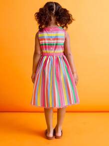 SHEIN Young Girls Colorful Sweet Striped Ruffle Trim Dresses - Multicolor - View 2