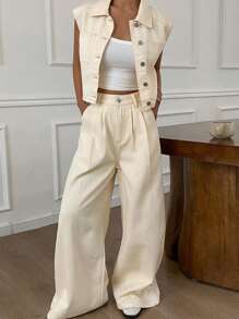 Livesso Women's Single-Breasted Vest And Wide-Leg Jeans Suit Work Women Clothes