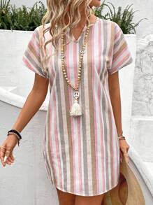 EMERY ROSE Casual Holiday Contrast Stripe Notch Neck Batwing Mini Dress - Multicolor - View 3