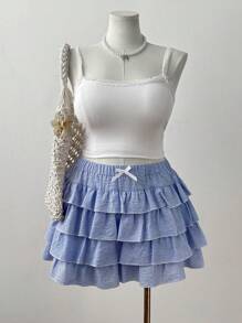 Sweetra Plus Size Women's Princess Ruffled Bow Decor Casual Shorts, Summer Vacation - Blue - View 5