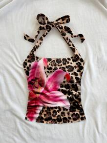 Soleia Tricot alb cu imprimeu leopard, crin și hibiscus, tricotat cu spate curse, potrivit pentru femei, vacanță la plajă, potrivit pentru vară